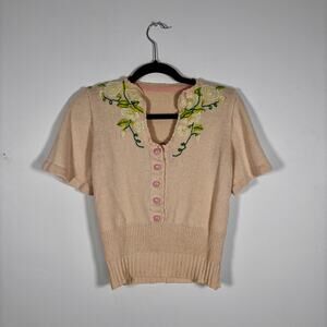 Vintage 1980s Cottage Core Sweater Pale Pink Green Floral Embroidery AS IS